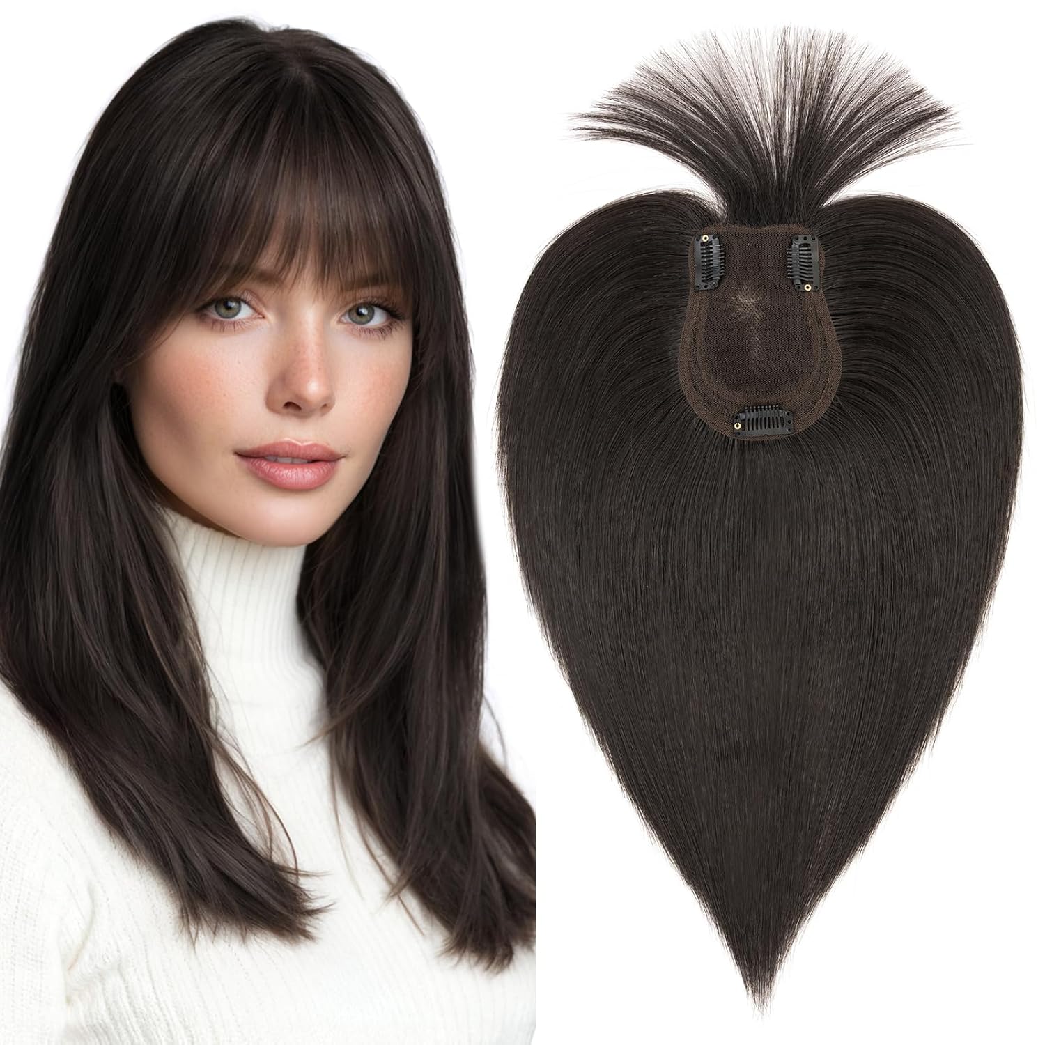 MY-LADY Human Hair Toppers for Women Real Human Hair with Bangs Thin 9 * 12CM Lace Base Clip in Remy Hairpieces Hand-Tied Light Weight 12 Inch Dark Brown
