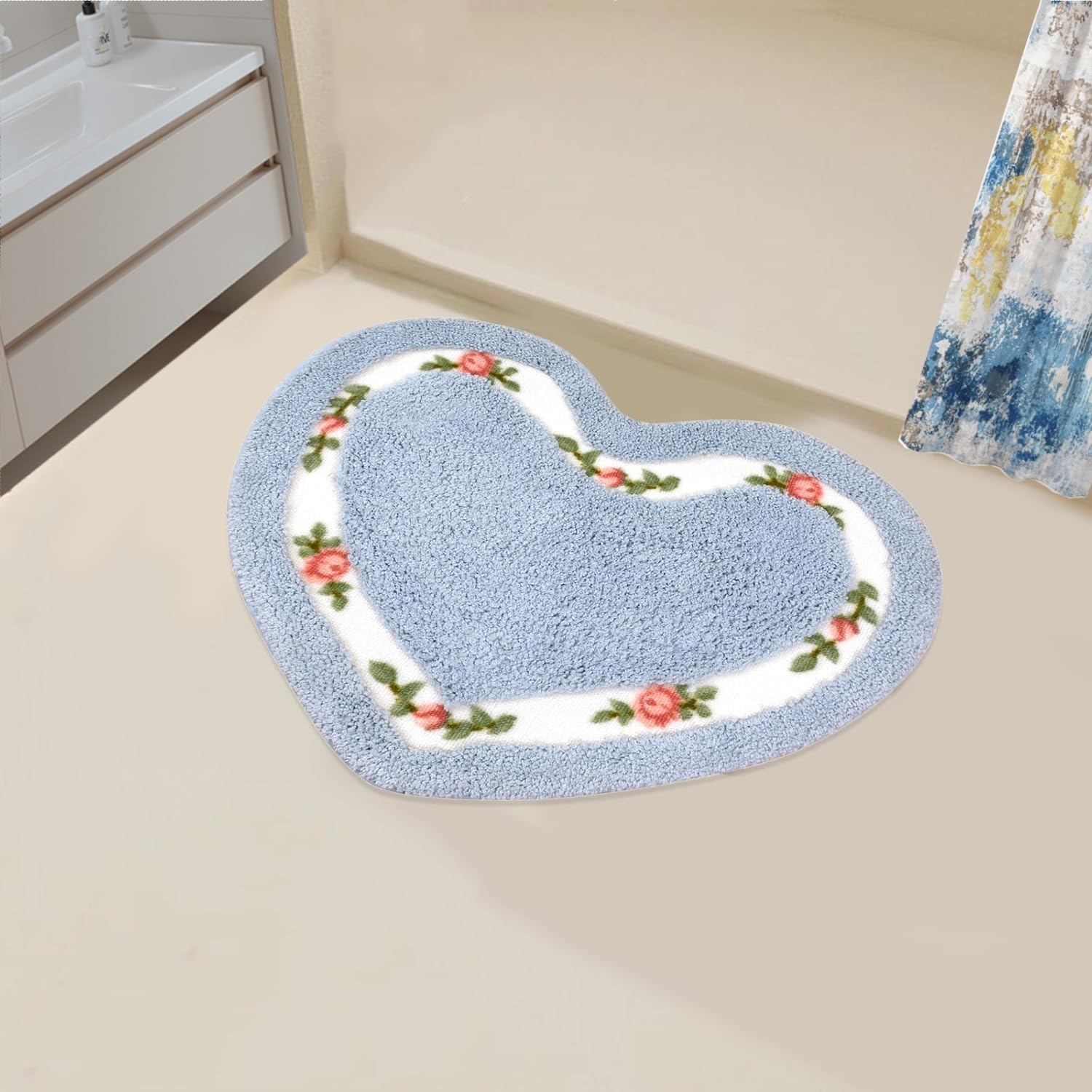 Bathroom Rug Set 2-Piece Bathroom Floor Mat Quick-Drying mat Toilet Non-Slip Carpet Mat Heart-Shaped and Rectangular Bath mat (2PCS, Pink