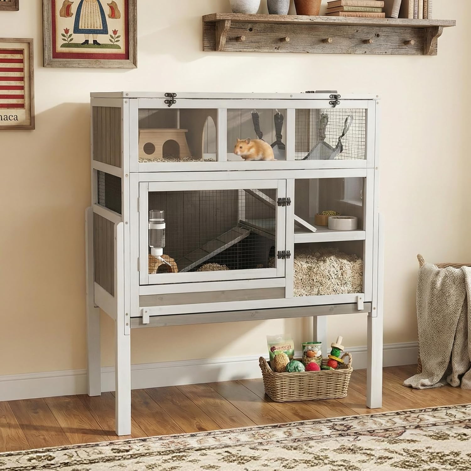 Guinea Pig Cages Indoor, 3-Story Wooden Guinea Pig Cages with Pull-Out Tray, Flip-Open Roof & Habitat, Rabbit Hutch Cage with Stand, Ramp, Cozy Hammock