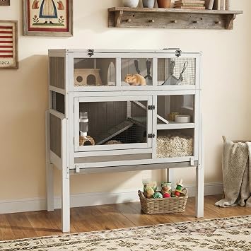Guinea Pig Cages Indoor, 3-Story Wooden Guinea Pig Cages with Pull-Out Tray, Flip-Open Roof & Habitat, Rabbit Hutch Cage with Stand, Ramp, Cozy Hammock
