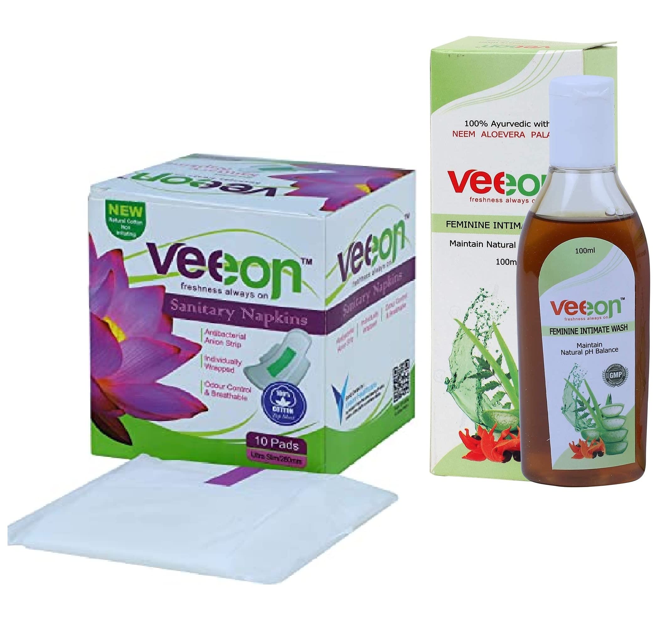 Veeon Ultra Slim Sanitary Napkin 280mm (10pads) With Ayurvedic Feminine Intimate Wash 100ml