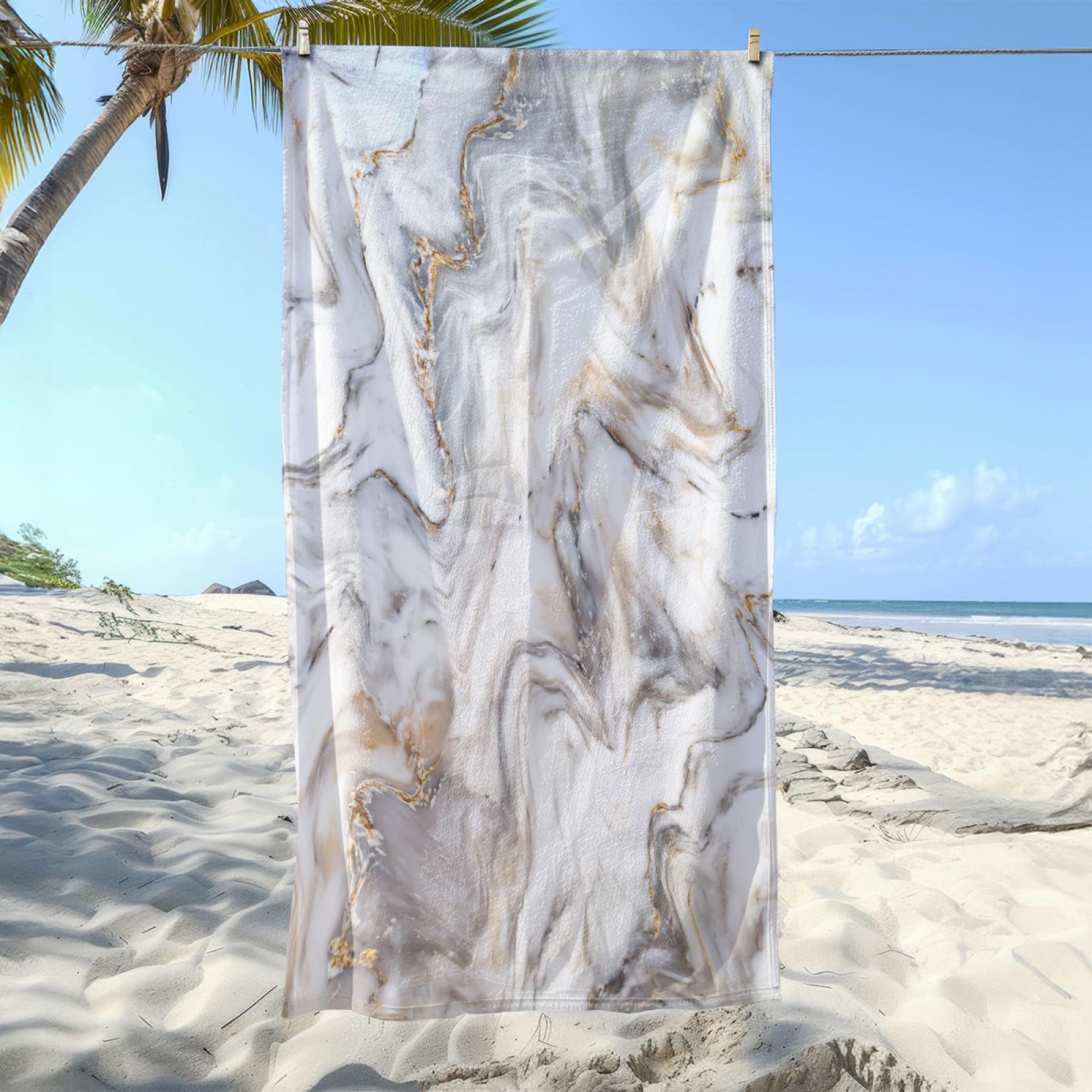 Serviette de Plage Marbre Gris Blanc Drap de Plage Anti Sable Portable Serviette de Bain XXL Piscine Toilette Sport Microfibre Ultraléger Towel Absorbant Séchage Rapide 200x220cm
