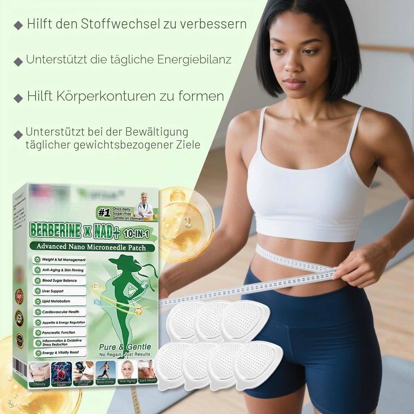 Moringa X Berberine Patch 10 in 1, Nano-Microneedle-Patch, Schlankheitseffekt, natürliche Inhaltsstoffe, einfach aufzutragen, unsichtbar unter der Kleidung, ideal für Damen und Herren