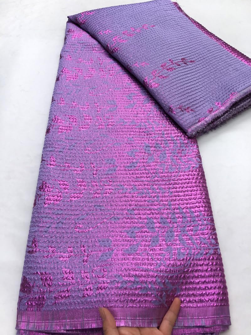 5 Yards African Lace Fabric with Gold Foil Print, Jacquard Satin Weave for Wedding Dresses, Party Outfits & Daily Sewing (Purple;)