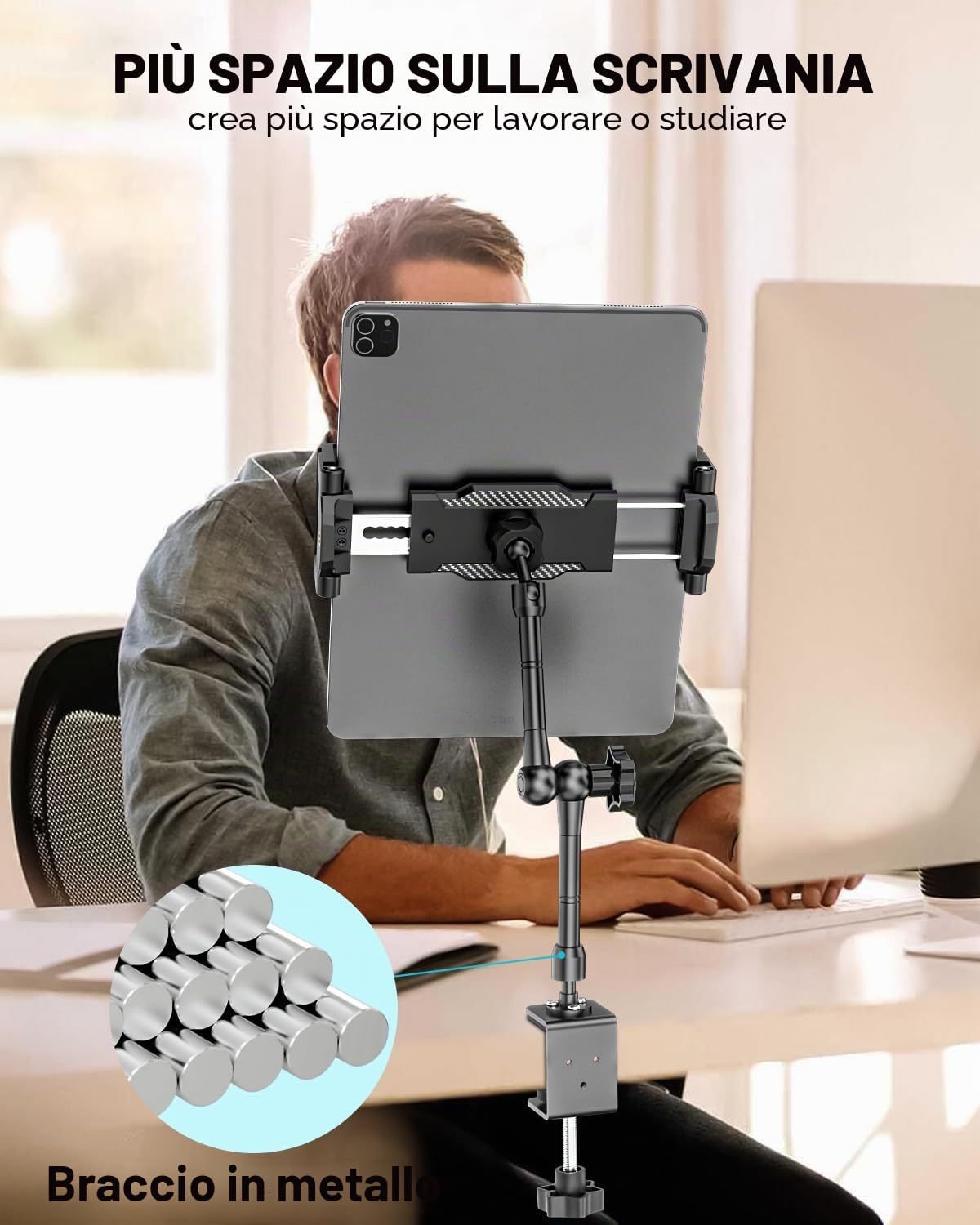 Supporto per Monitor Portatile per schermo da 15,6", Braccio Regolabile Supporto da Scrivania per Tablet, Lega di alluminio, Girevole a 360°, per Monitor Portatile 15.6", 6.1"~15.6" iPad