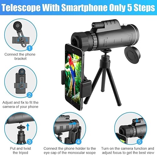 Miniatura 6 de Telescopio monocular con zoom de teleobjetivo, 40 x 60 HD, alta potencia, con soporte para teléfono inteligente y trípode IPX4, impermeable, BAK4,