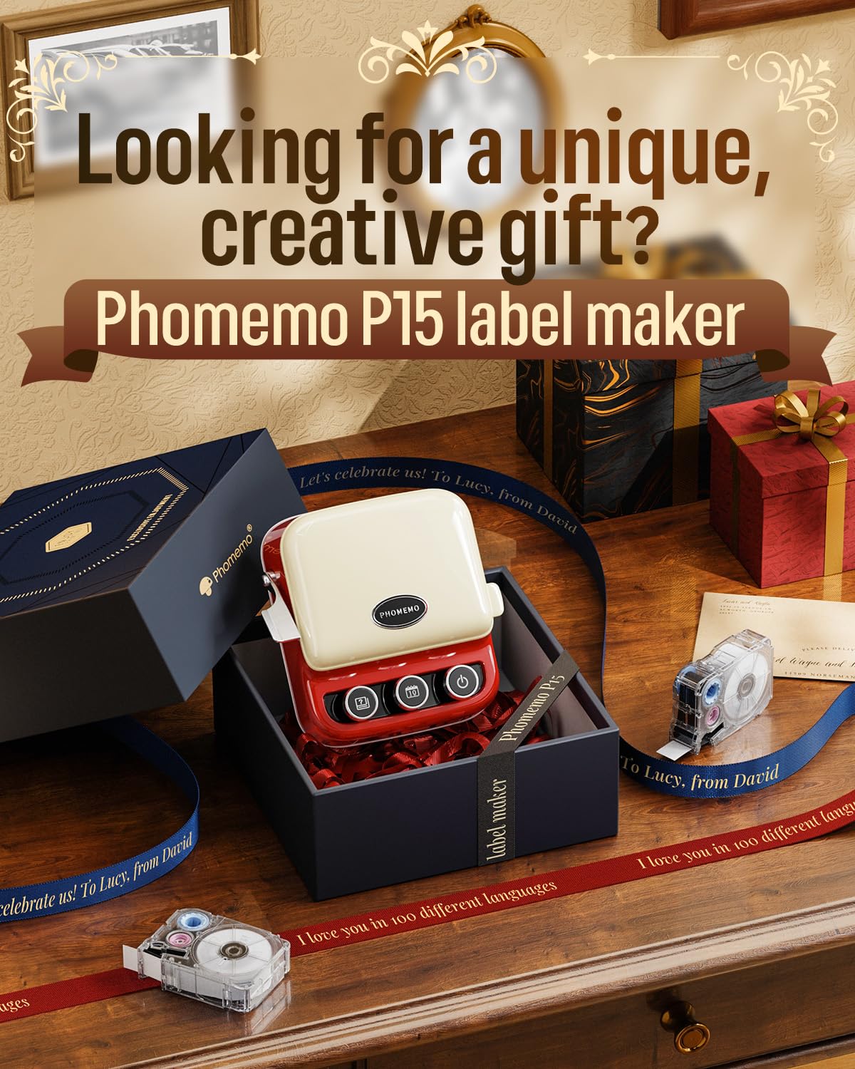 Phomemo P15 Bandetikettendrucker, Bluetooth Retro Etikettiergerät mit Geschenkbox, Geschenke, Geschenk zum Muttertag, Ribbon Druck, Vintage Rot