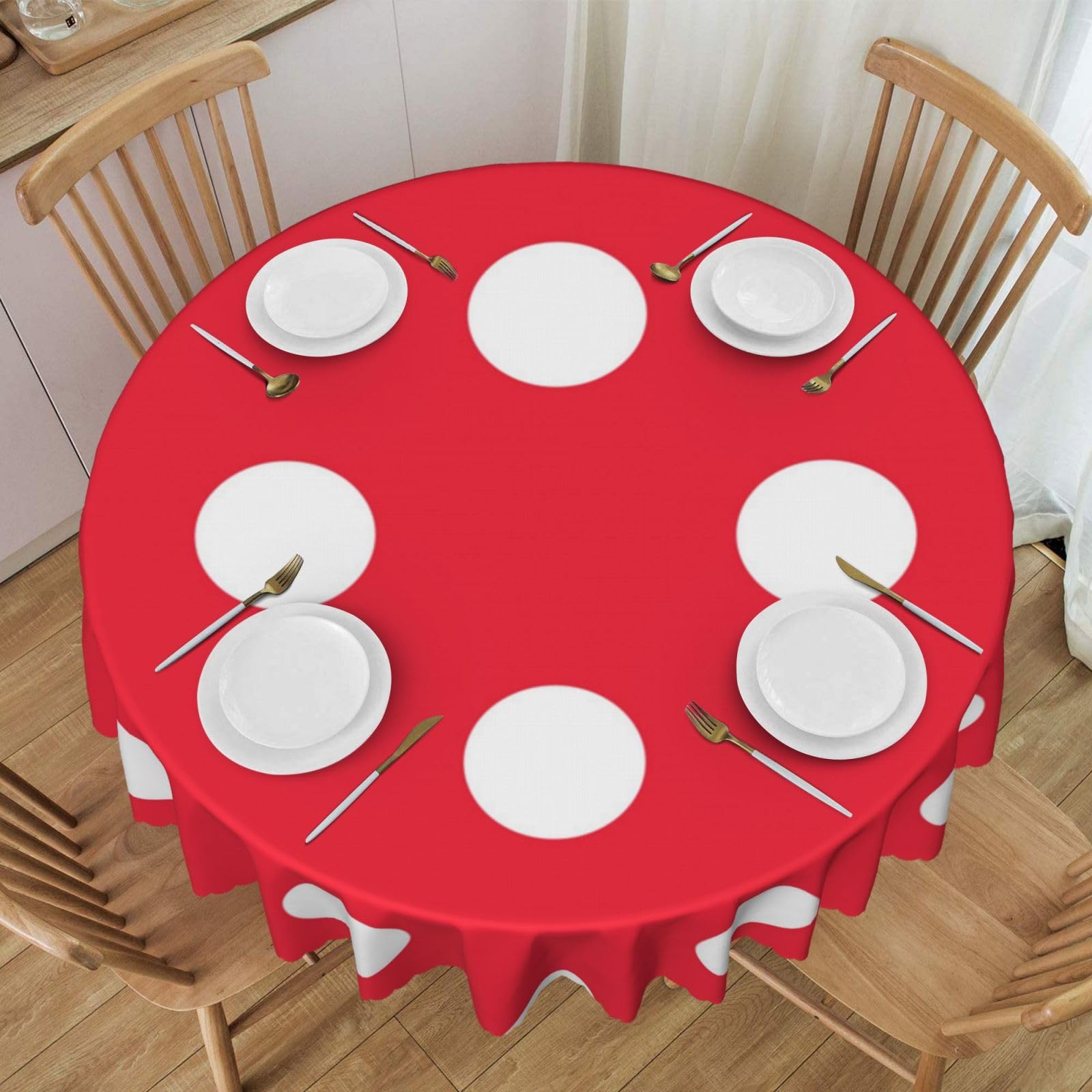 DCEHGEW 60 In Round Tablecloth with Lace, Cute Polka Dot Printed Oilproof & Washable Fabric Picnic Table Cloth Table Covers
