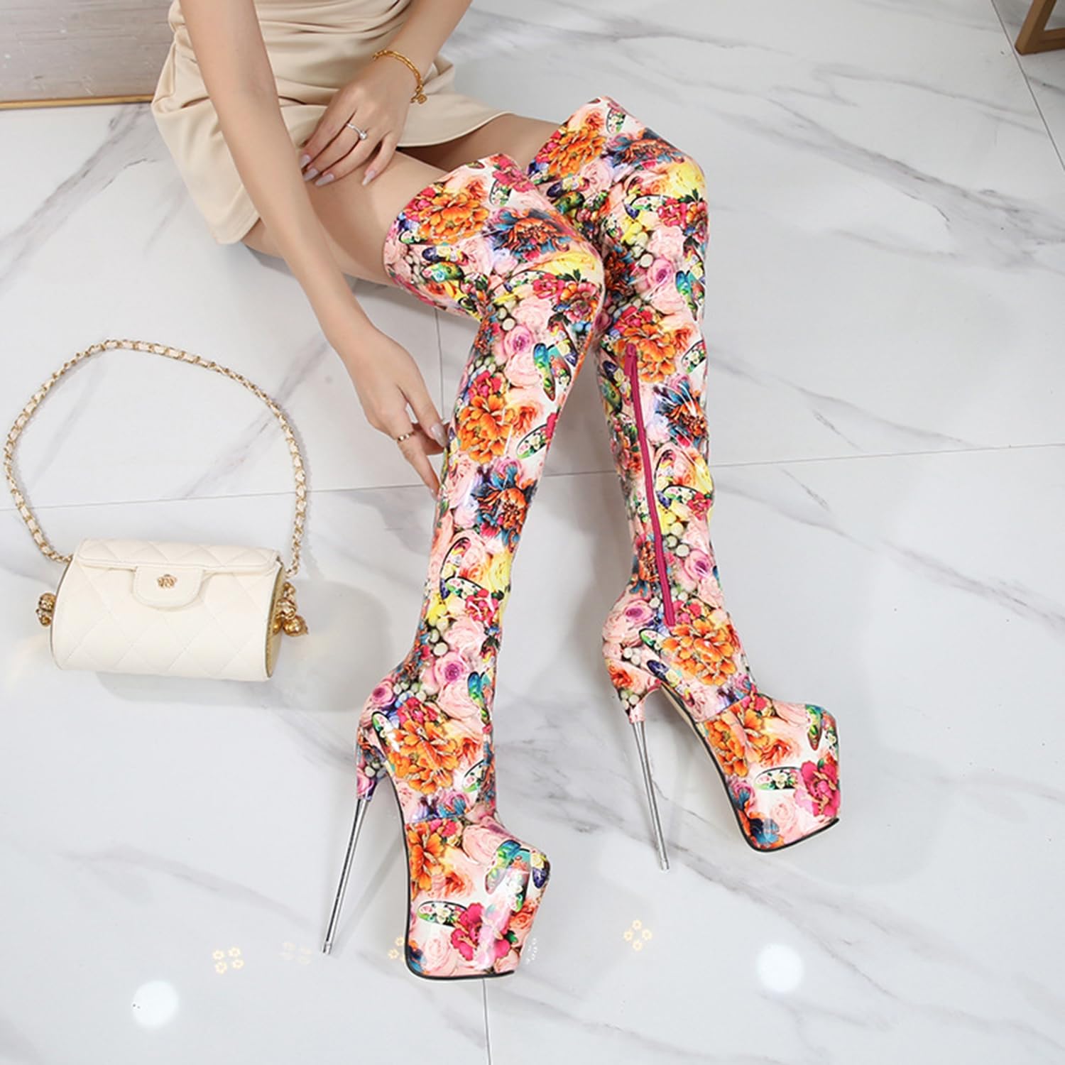 WOilERQ Damen Overknee-Stiefel, Plateau-Stiletto-Absatz-Stiefeletten mit Reißverschluss, Ethno-Print, High Heels, sexy Fetisch-Pole-Dance-Stripper, Unisex-Schuhe