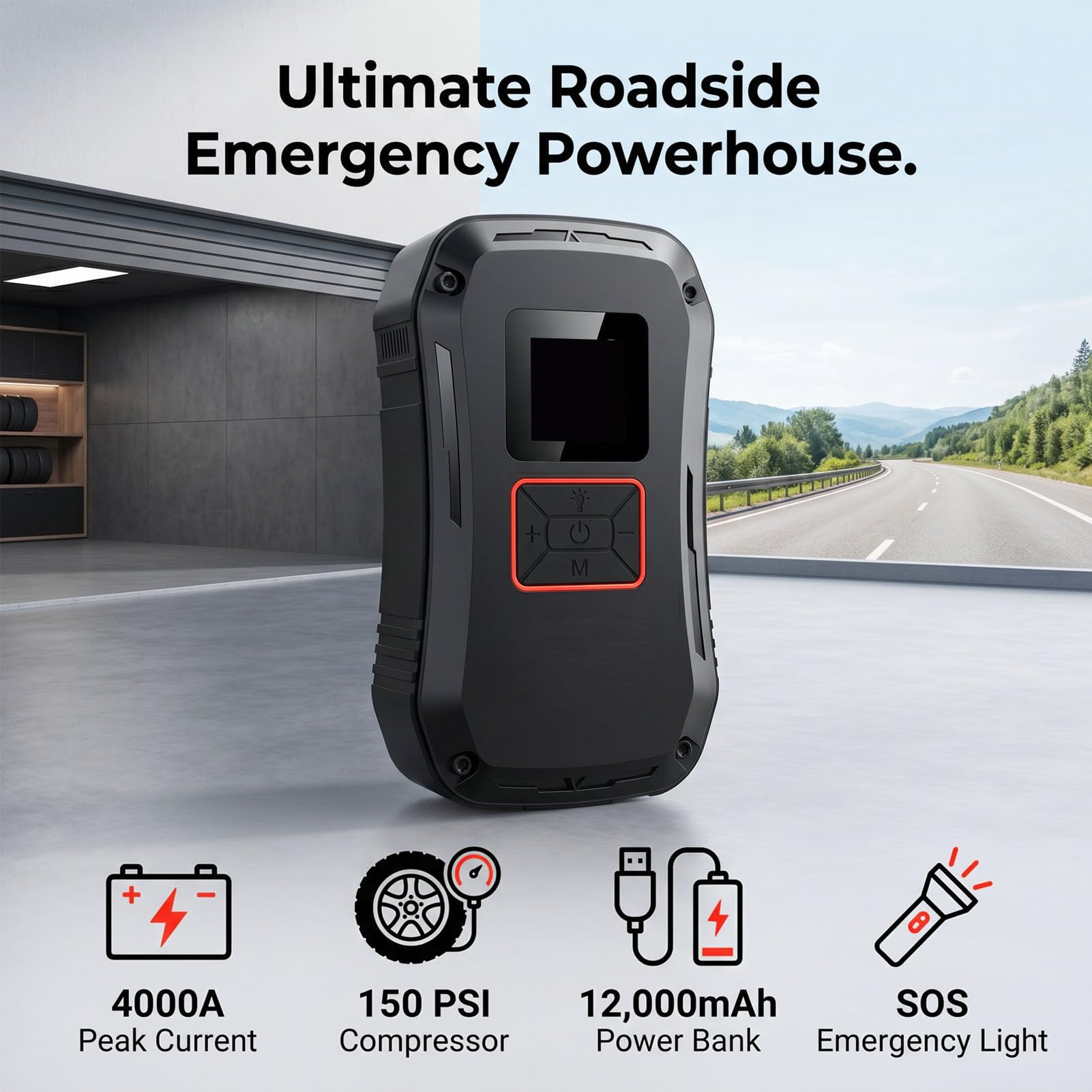 Tangxi Bomba de Aire Portátil para Inflar Neumáticos con Arrancador | Batería de 12000mAh, Carga Rápida QC18W, Luz LED Multifuncional, para Inflar Automóviles, Bicicletas y Pelotas