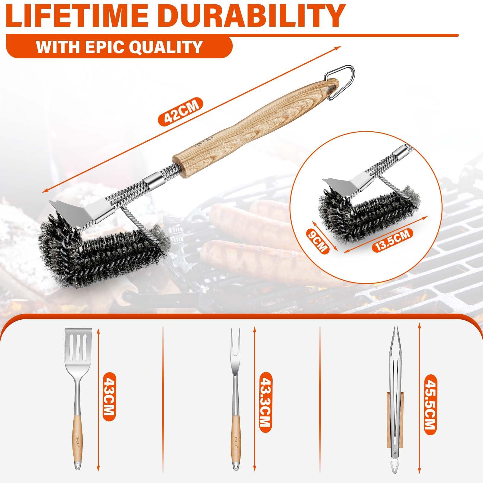 TIVOLI Set di utensili per barbecue in acciaio inox, 4 pezzi | Include pinze, spatola, forchetta e spazzola per barbecue da giardino, grigliare e cucinare all'aperto con facilità.