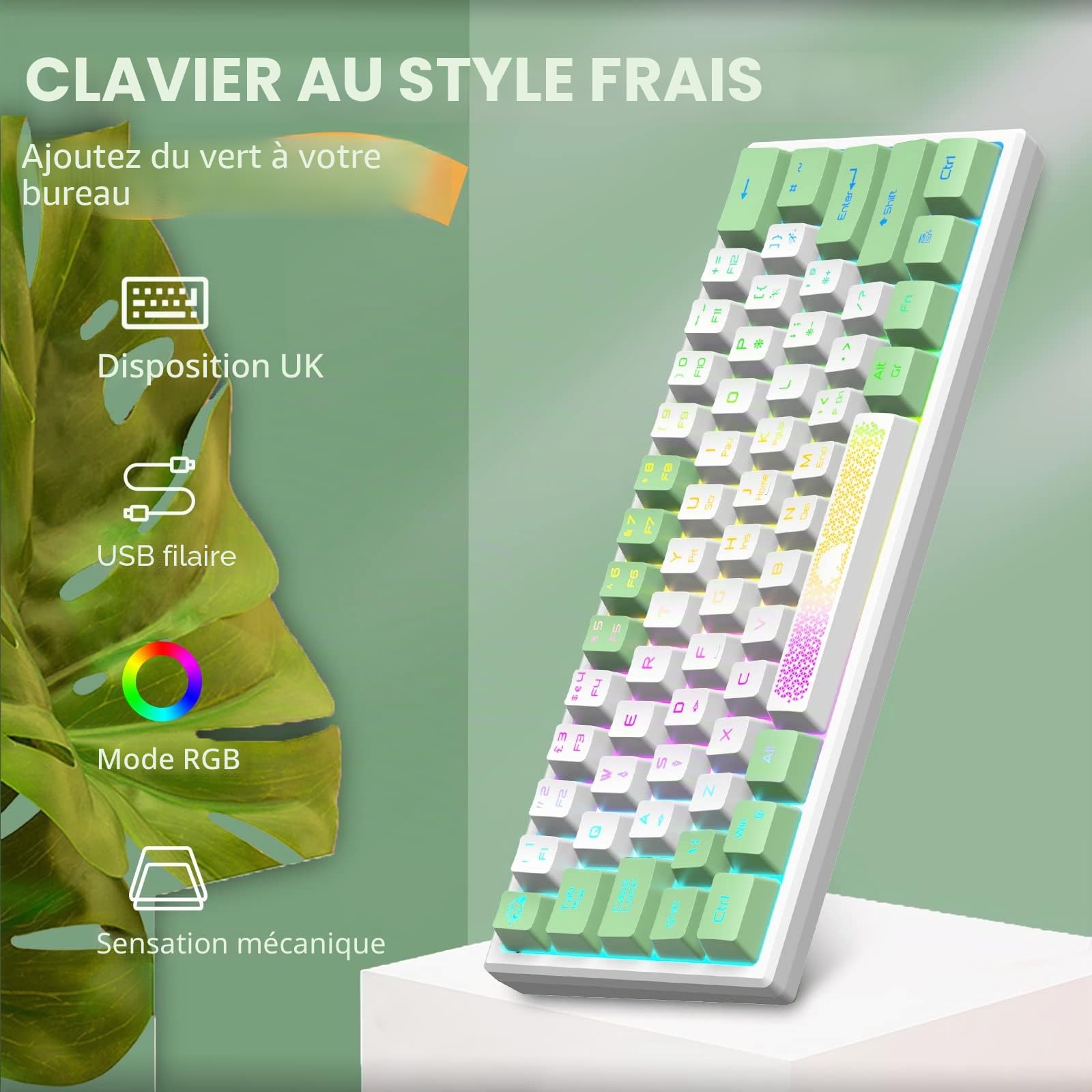 K61 RGB Gaming Keyboard Mouse Set, Clavier de Jeu à Membrane mécanique, jusqu'à 3600 dpi, Souris de Jeu Optique à 7 Boutons, pour PC, Ordinateur Portable, Mac, Bureau et Jeux - Blanc
