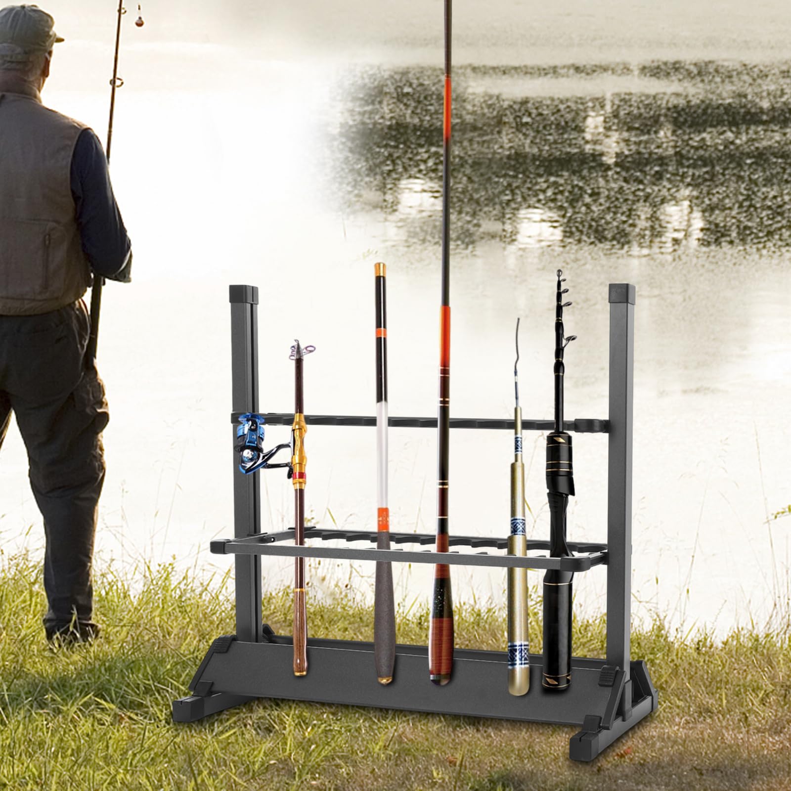 Supporto per canne da pesca, in lega di alluminio, per 24 canne da pesca, organizzatore portatile per canne da pesca in garage o in casa