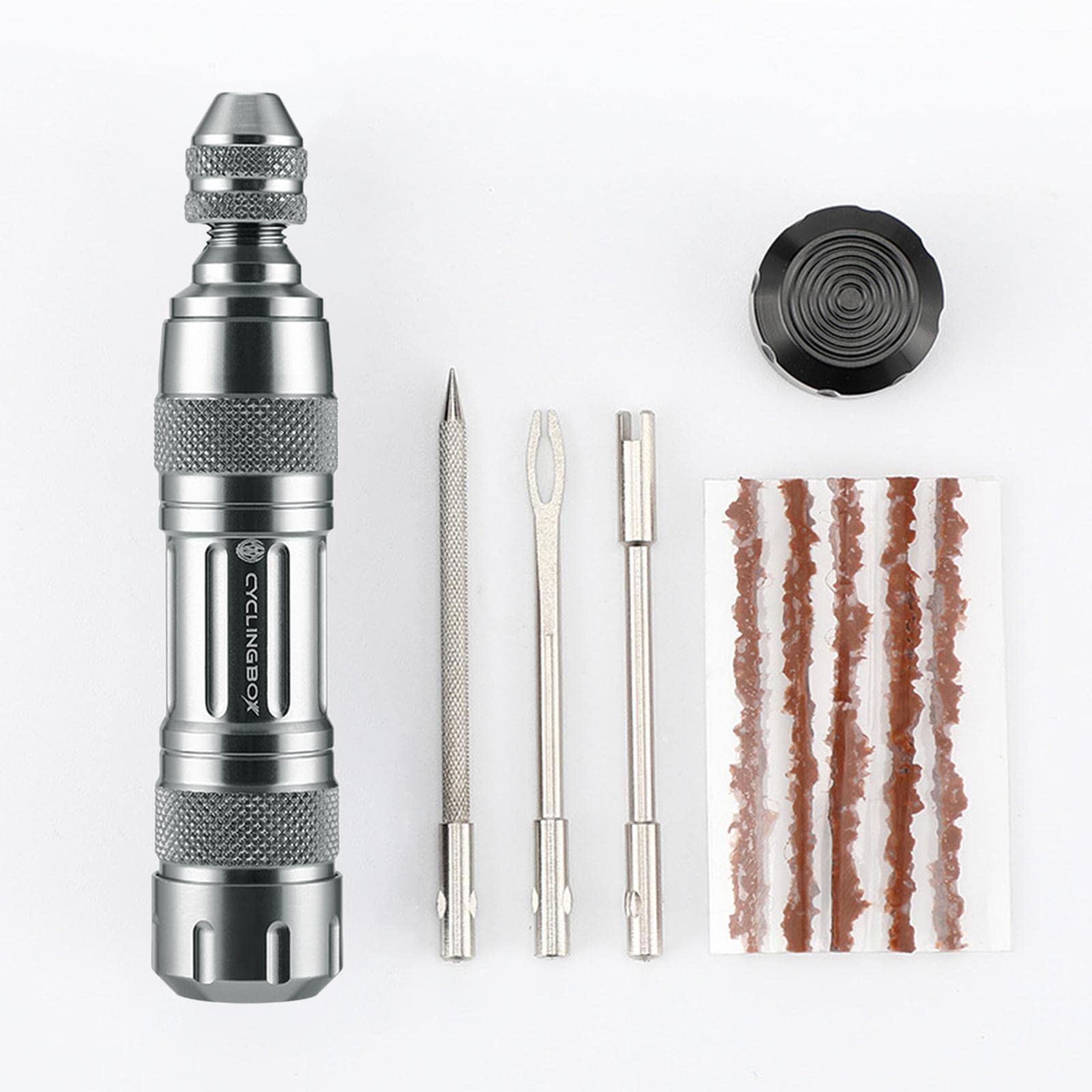 Kit di riparazione pneumatici per bici da strada, senza camera d'aria, 5 pezzi, 9,5 x 2 x 2 cm, colore: argento