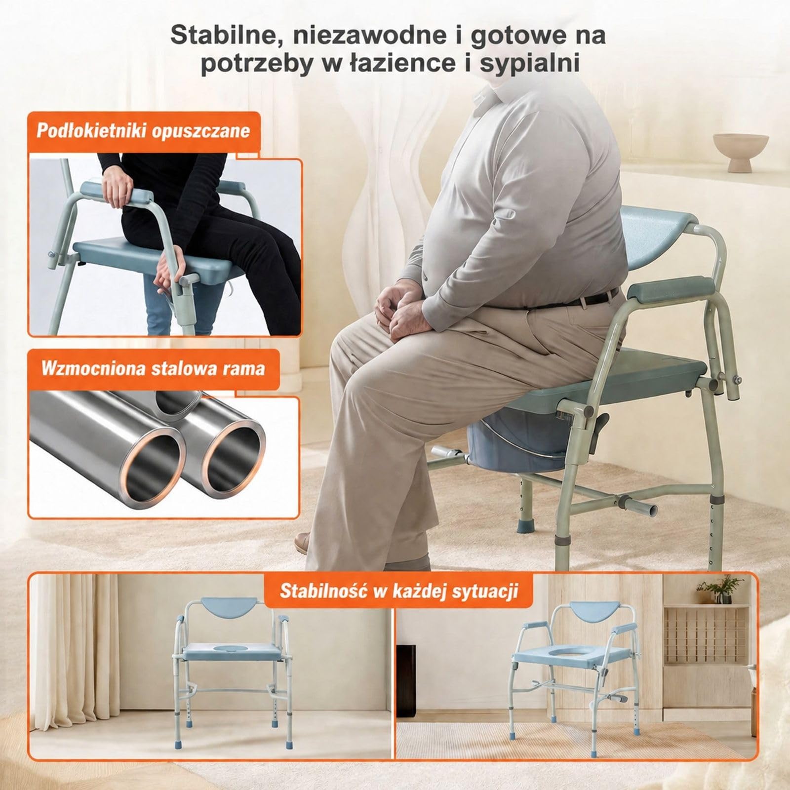 Krzesło toaletowe, stolik nocny ze składanymi podłokietnikami i zdejmowanym oparciem, 5-stopniowa regulacja wysokości 50-62 cm, zdejmowany pojemnik o pojemności 7 litrów, łatwy montaż, udźwig 453