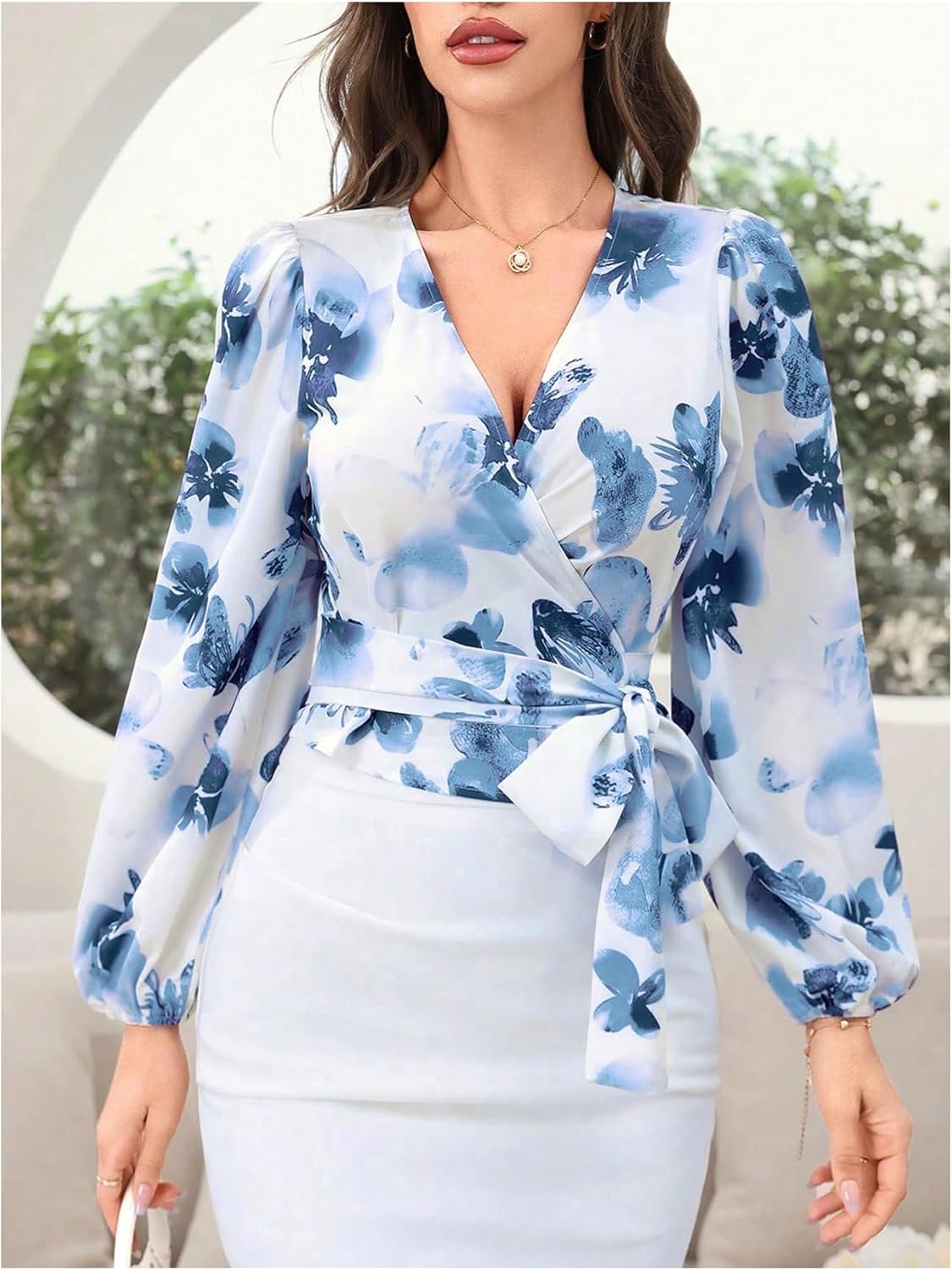 MakeMeChic Women's Floral Wrap Blouses Tie Side V Neck Lantern Sleeve Shirt Crop Tops - Image 5