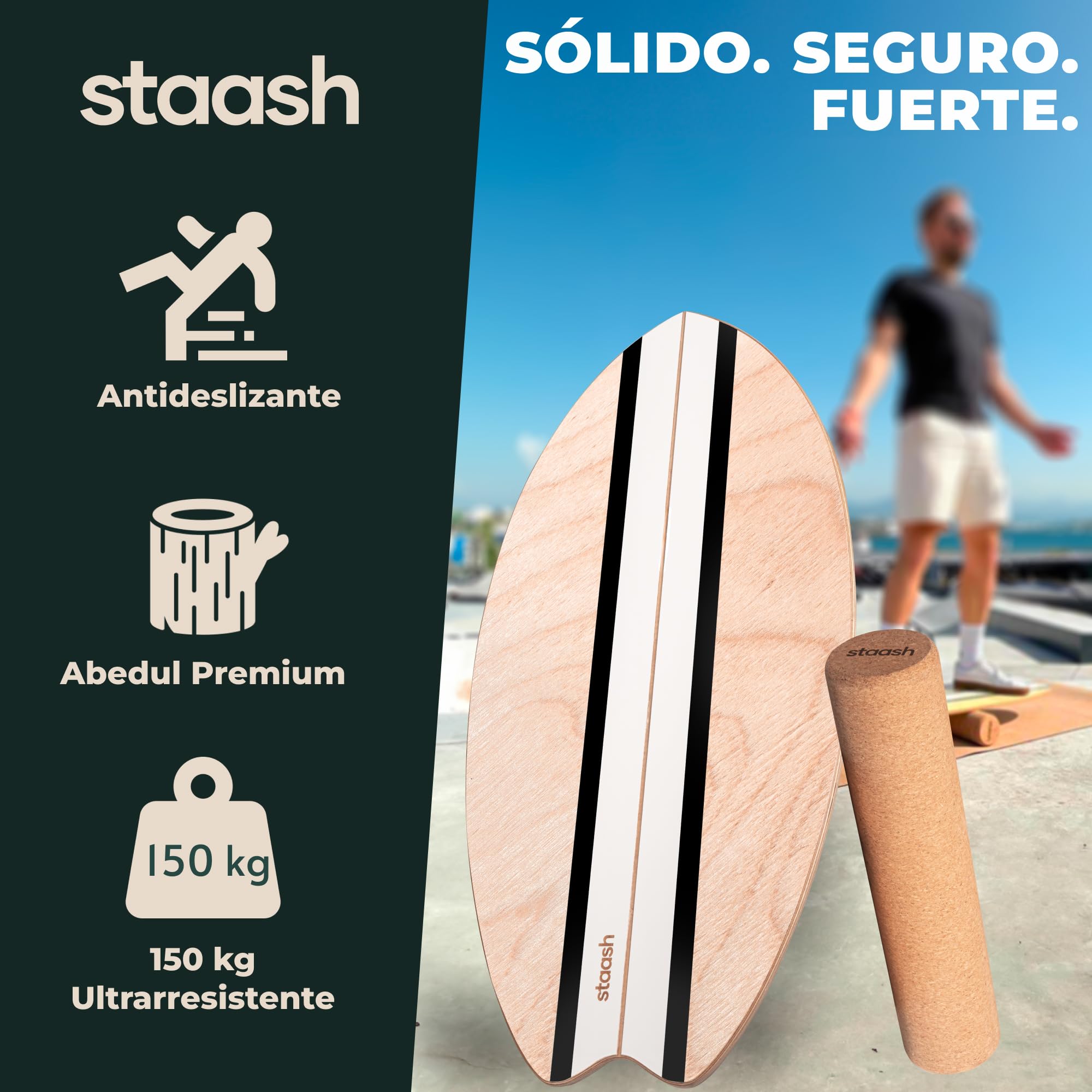 STAASH Balance Board – Tabla de Equilibrio Principiante, Rodillo y Pelota | Kit 3 piezas: tabla de equilibrio de madera antideslizante, rodillo y pelota · ideal para empezar · yoga, fitness, surf