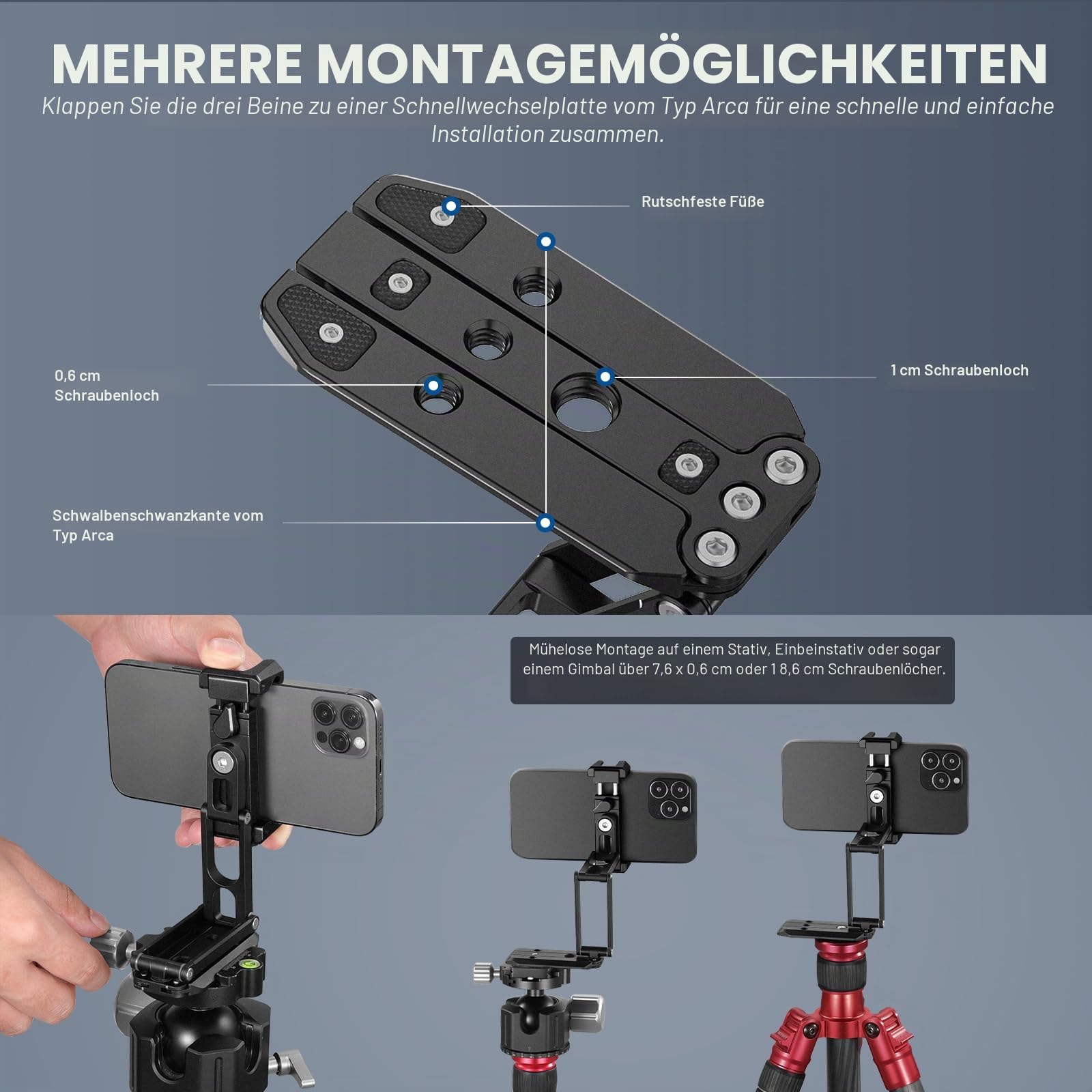 NEEWER Handyhalterung für Stativ mit Cold Shoes & 1/4" 3/8" Löcher, Alle Metall Multi-Winkel & Höhenverstellbar Dreifach Faltbar tragbare Smartphone Halterung mit 3 geteilten, Kompatibel iPhone, SP-04