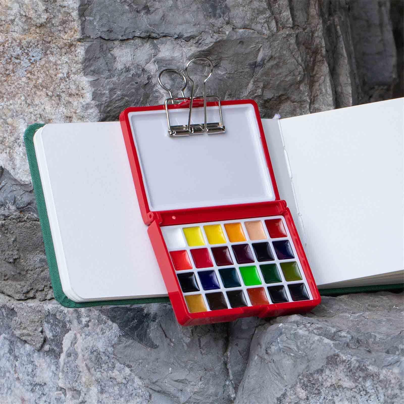 Anfänger Aquarellfarben Tragbar 12/24 Farben Mini Aquarell Set All-In-One Für Kunst Studenten Pocket Aquarell Set Solid Für Camping(Blue-24 colours-4pcs A)