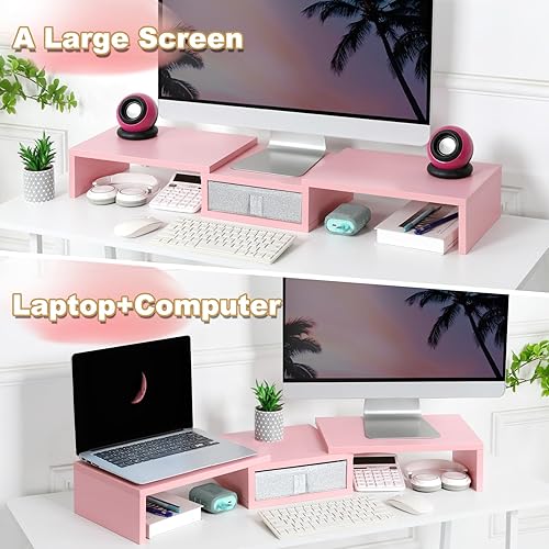 Miniatura 4 de TEAMIX Soporte elevador de doble monitor rosa con cajón, longitud y ángulo, ajustable, organizador de escritorio de doble esquina de 37 pulgadas