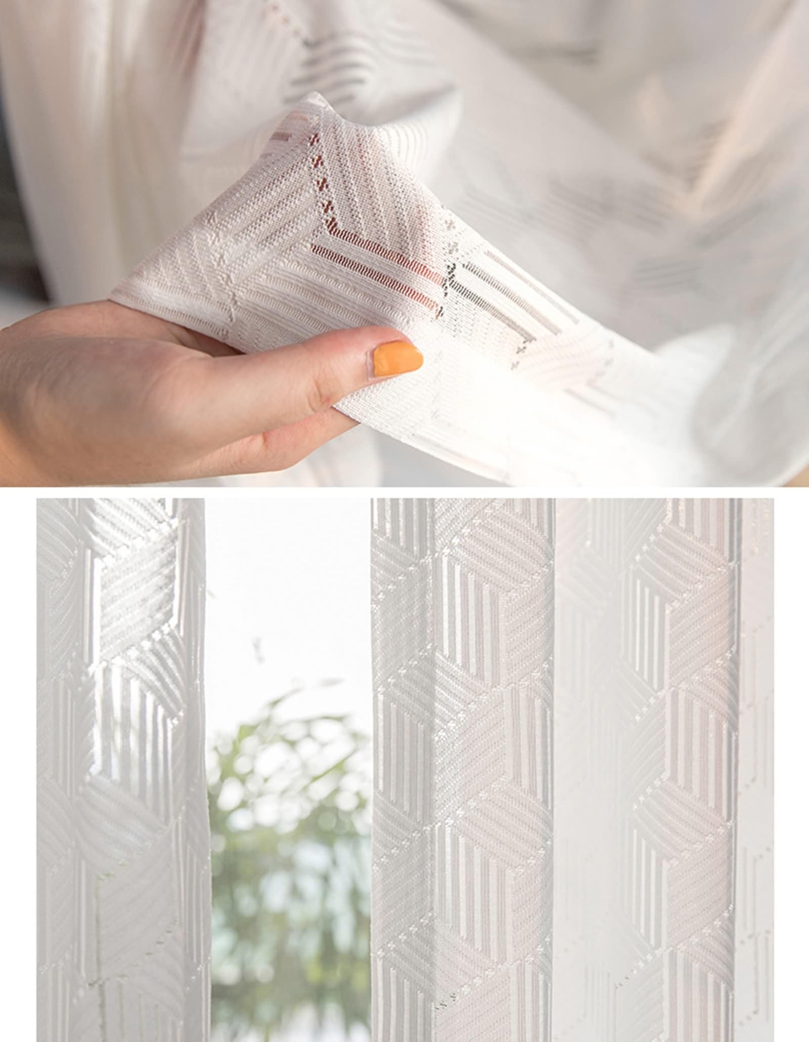Cortinas blancas transparentes para dormitorio pequeño, juego de 2 con ojales, 96 x 115 cm, poliéster ligero con patrón geométrico, perfectas para decoración del hogar
