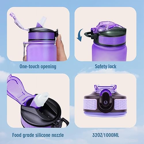 Miniatura 5 de Botella de agua de lobo de 32 onzas con marcador de tiempo, apertura de un clic, boca ancha, sin BPA, rastreador motivacional (negro)