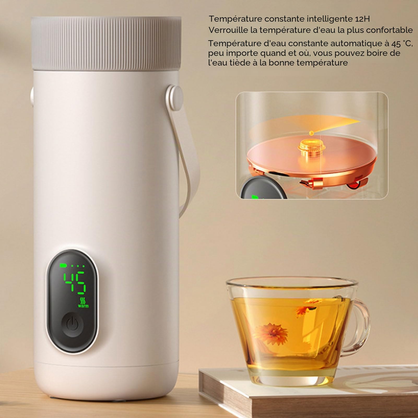 VBESTLIFE Bouilloire électrique de Voyage sans Fil 350 Ml, ébullition Rapide en 10 Minutes et Maintien au Chaud Pendant 12 Heures, Bouilloire Portable USB C 27 000 MAh pour le Camping, la