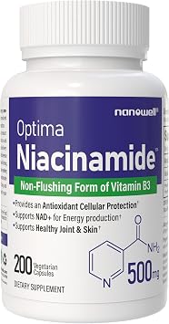 NANOWELL Niacinamide 500mg Vitamin B3, Non-Flushing Formula, 200 Vegetarian Capsules, Gluten Free, Non-GMO, Made in USA