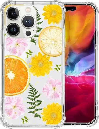 Compatible with iPhone 15 Pro Case,Soft TPU Transparent Shockproof Protective Cover Clear Case for iPhone 15 Pro,Orange Flower
