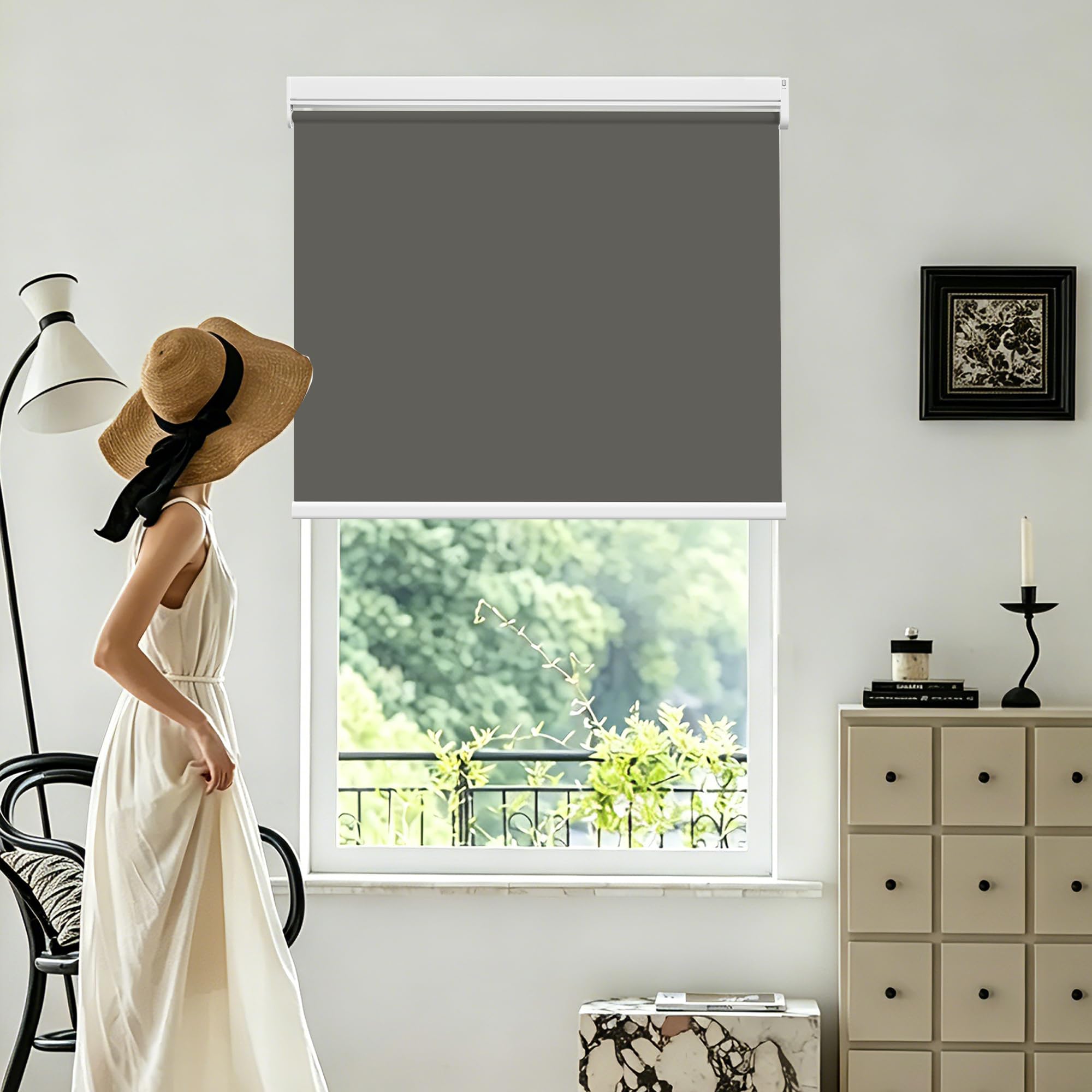 HOMEDEMO Stores Enrouleur Occultant Électriques M100, Moteur & Télécommande, avec ou sans Perçage, Rideau de Protection Solaire pour Fenêtres, 45 x 100 cm, Gris Foncé