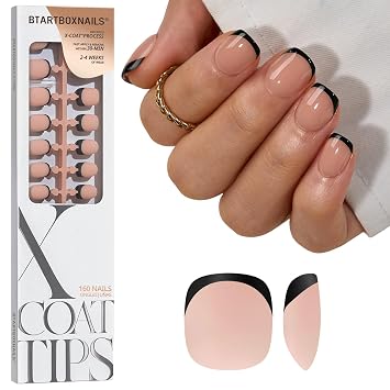 BTArtboxnails XCOATTIPS Black French Tip Press On Nails, XXS Squoval, Peach | Lamp-Curable, 4-Week Wear, Natural Nail Look, Salon Quality Value at Home, Easy-to-Apply for Beginners, 160ct Nail Tips Only