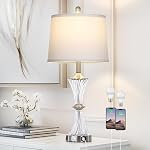 Rinweey Lampe de table en verre cristal 2 avec USB Ports C+A & AC Outlet, Lampes blanches claires, Lampe de chambre moderne, Lampe en argent pour les stands de nuit Chambre à coucher salon,Lampe de stand-nuit LED Ampoules comprises