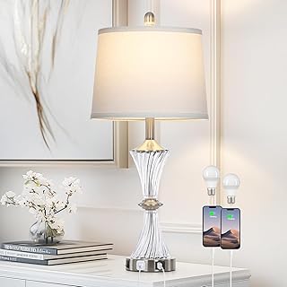 Crystal Glass Table Lamp with USB C+A Ports & AC Outlet,White Clear Mode...