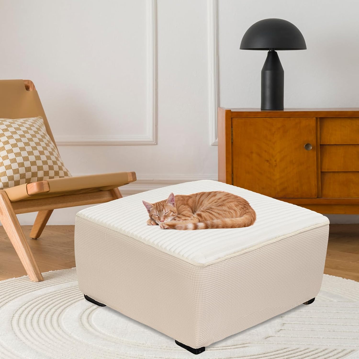 FUANGUI Ottoman Cover Square,Waterproof Thick Slipcover for Living Room, Washable Storage Footstool Furniture Protector for Dogs, Pets,with Nonslip Elastic Bottom, Off-White, Medium