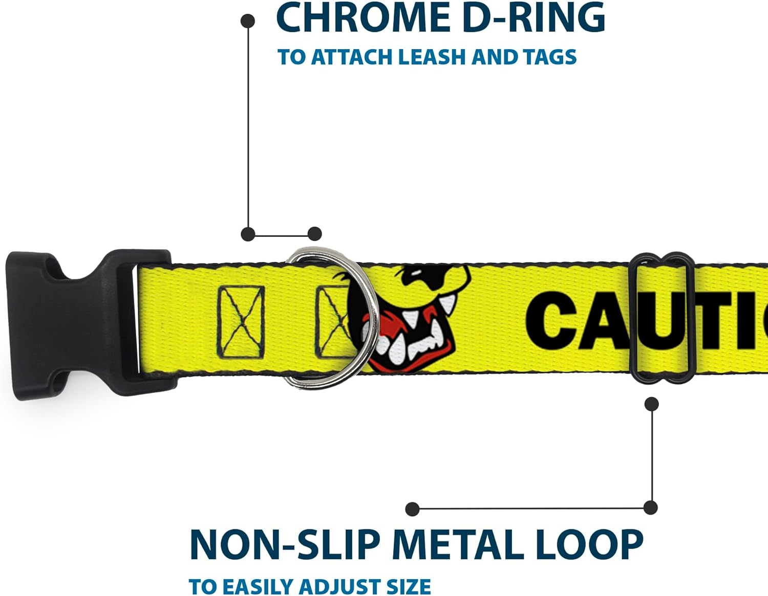Buckle-Down Dog Collar Plastic Clip Pet Quote Caution I Bite with Dog Growl Yellow Black 16 to 23 Inches 1.5 Inch Wide