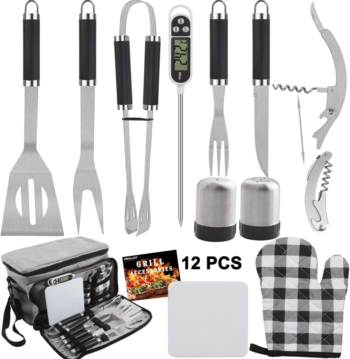 Grilljoy BBQ Grill Tools Set with Grey Insulated Cooler Bag - All-in-one Barbecue Picnic Cooler Bag - 12pcs Stainless Steel Camping Utensil Kit - Perfect Gifts for Men