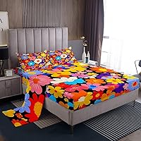 Vista 11 de Feelyou Juego de Sábanas Vintage con Flores Groovy Estilo Retro Sábanas Florales Boho con Sábana Bajera de Bolsillo Profundo para Niños Años 60 70
