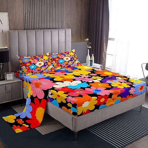 Miniatura 11 de Feelyou Sábanas de Flores Groovy con Bolsillo Profundo Sábana Bajera Ajustable 60S 70S 80S Flores Hippie Bohemias Juego de Sábanas Retro Floral Boho