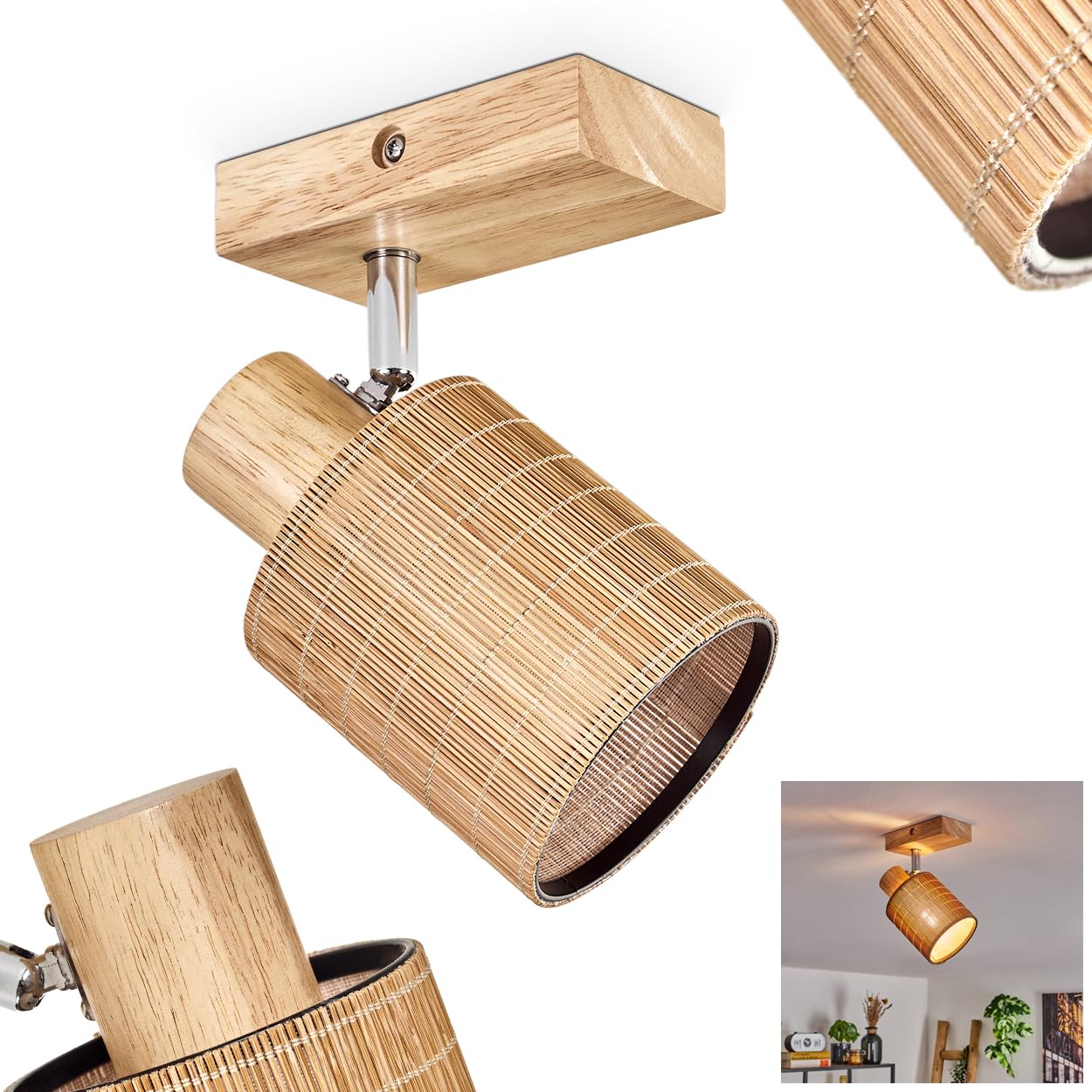 Lampada da soffitto Kinnared, lampada moderna in legno/metallo/bambù nei colori naturali/cromati/marrone, a 1 luce dal design scandinavo con riflettore regolabile, x E14, senza lampadina