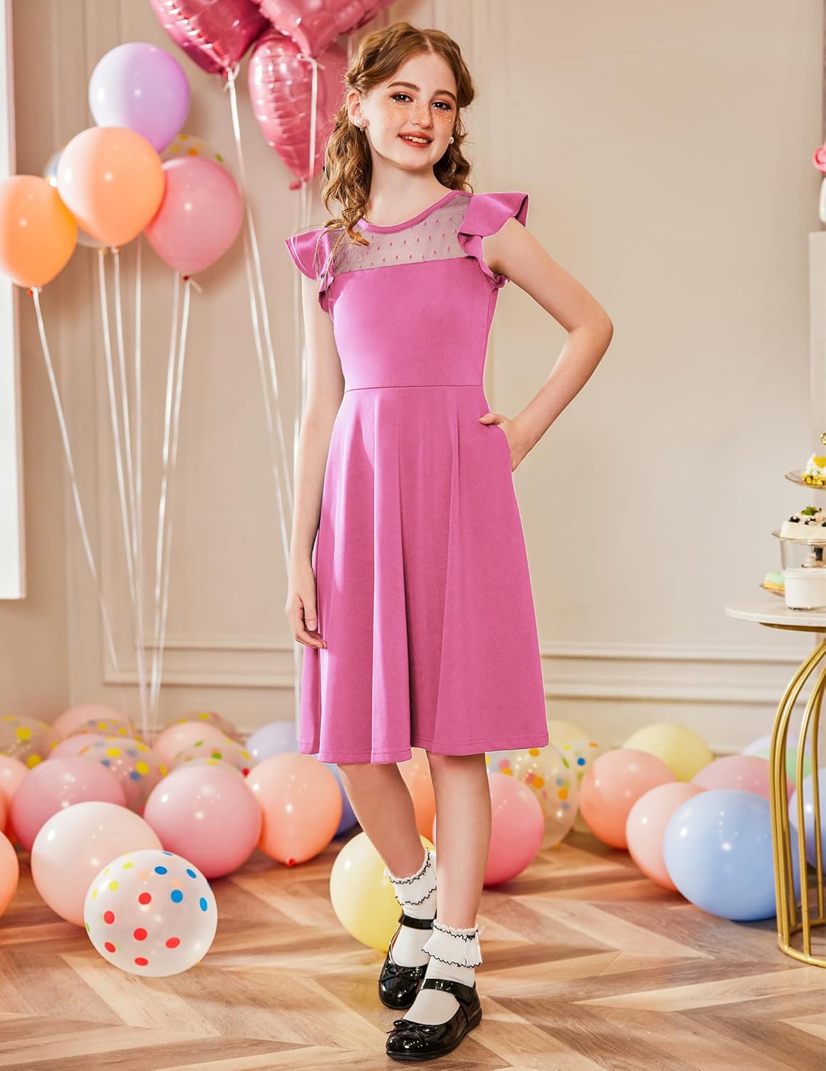 Arshiner Girls Dress Summer Ruffle Sleeve Mesh A Line Casual Party Dresses with Pockets - Image 3