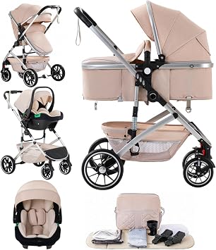 3 in 1 Stroller, Travel Stroller is a Quick One-Click Folding, High Landscape Pushchair with an Enlarged Pram 38.5cm, Convertible Pram and Pushchair, for 22KG, 0-4 Years Beige