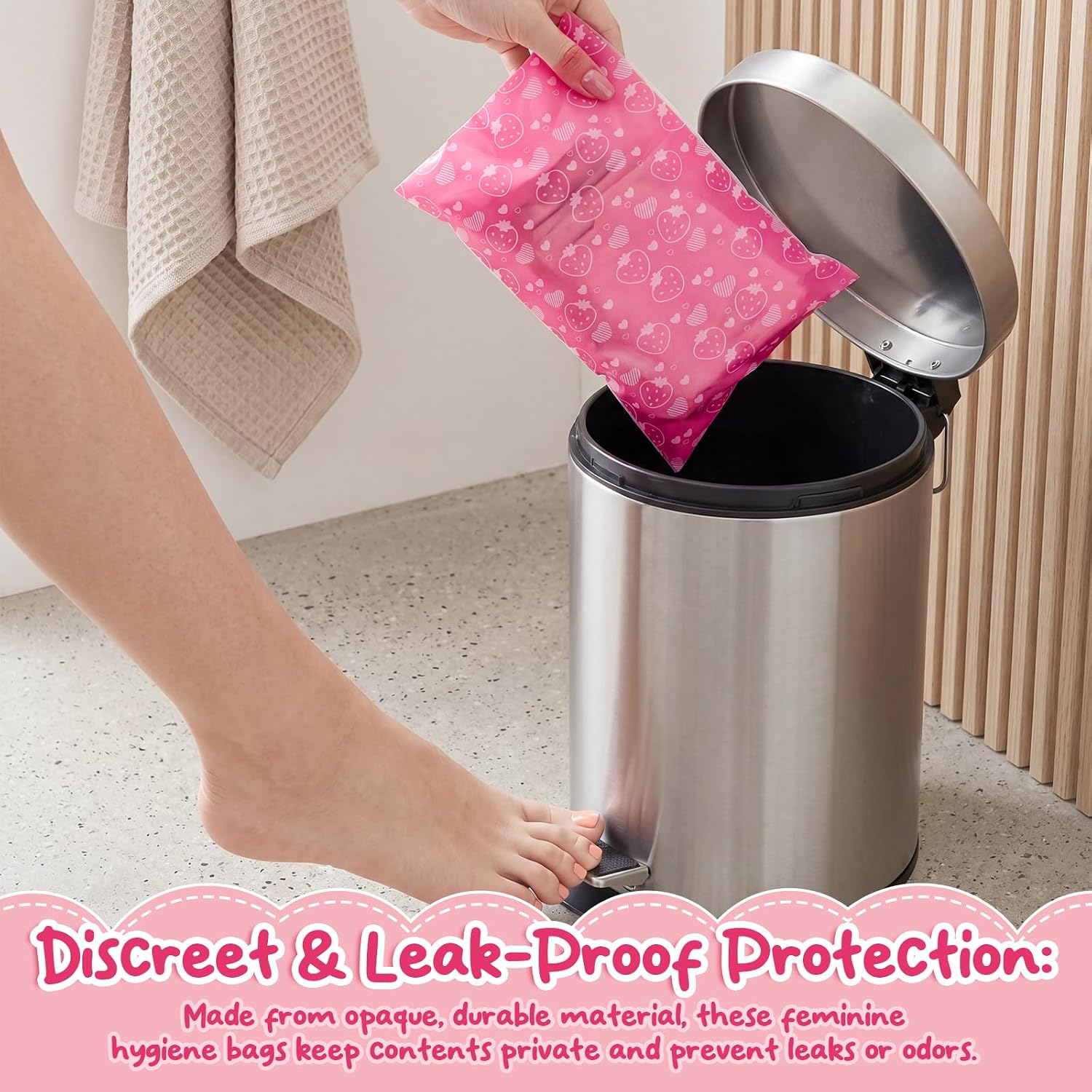 Eccliy 150 Pcs Sanitary Napkin Disposal Bags, 9.8''x5.9'' Thick Pink Strawberry Feminine Hygiene Waste Bags, Disposable Tampon Trash Bag for Women Privacy, Diaper Sack, Personal Care for Home Travel