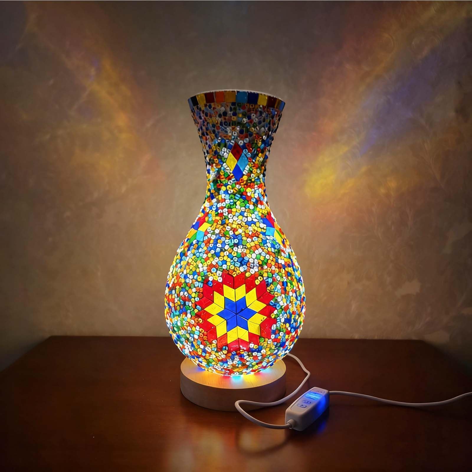 wpdash Turkish Moroccan Vase Table Lamp - as a Bedside Companion Living Room Accent Light or Meditation Space Illuminator Button Control Stained Glass Vase-USB Plug（5.11in*11in）