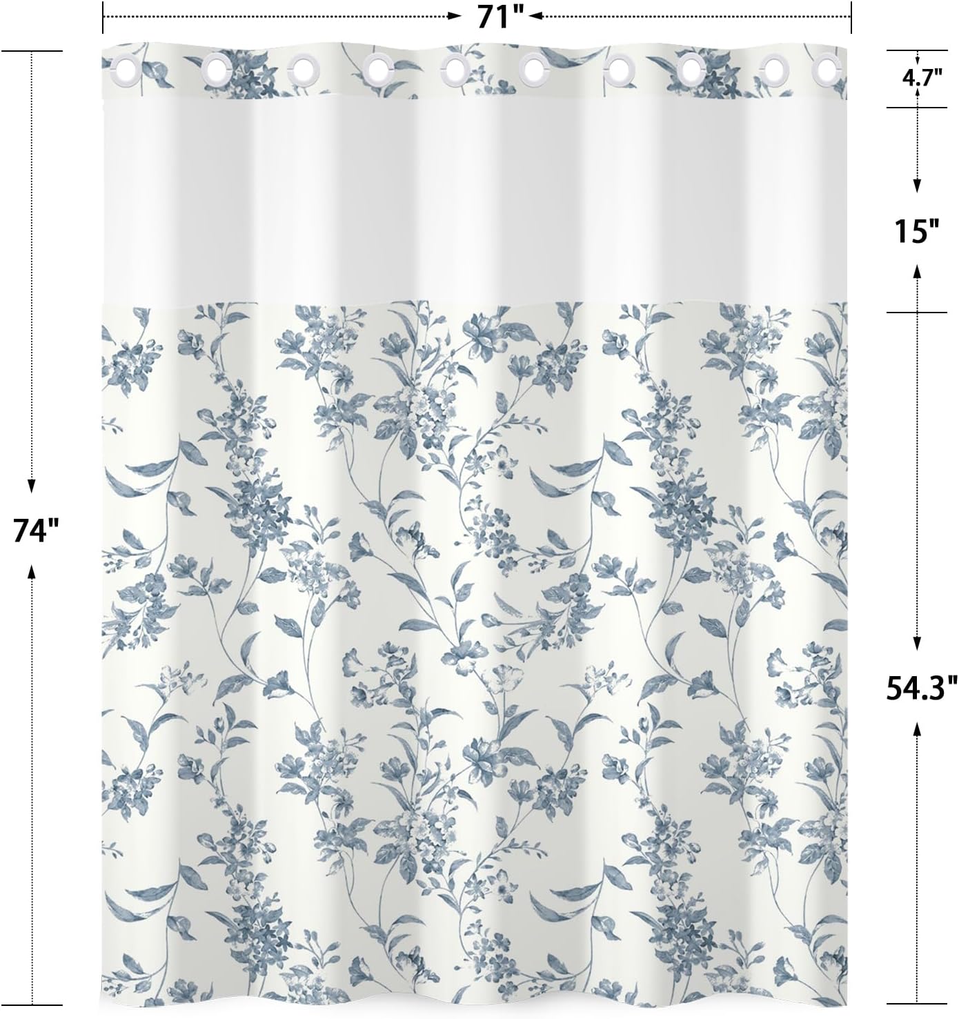 No Hook Flower Shower Curtain with Snap in Liner - 71 x 74Inch Blue Floral Botanical Waterproof Bath Curtain with Mesh Top Window for Modern Farmhouse Bathroom