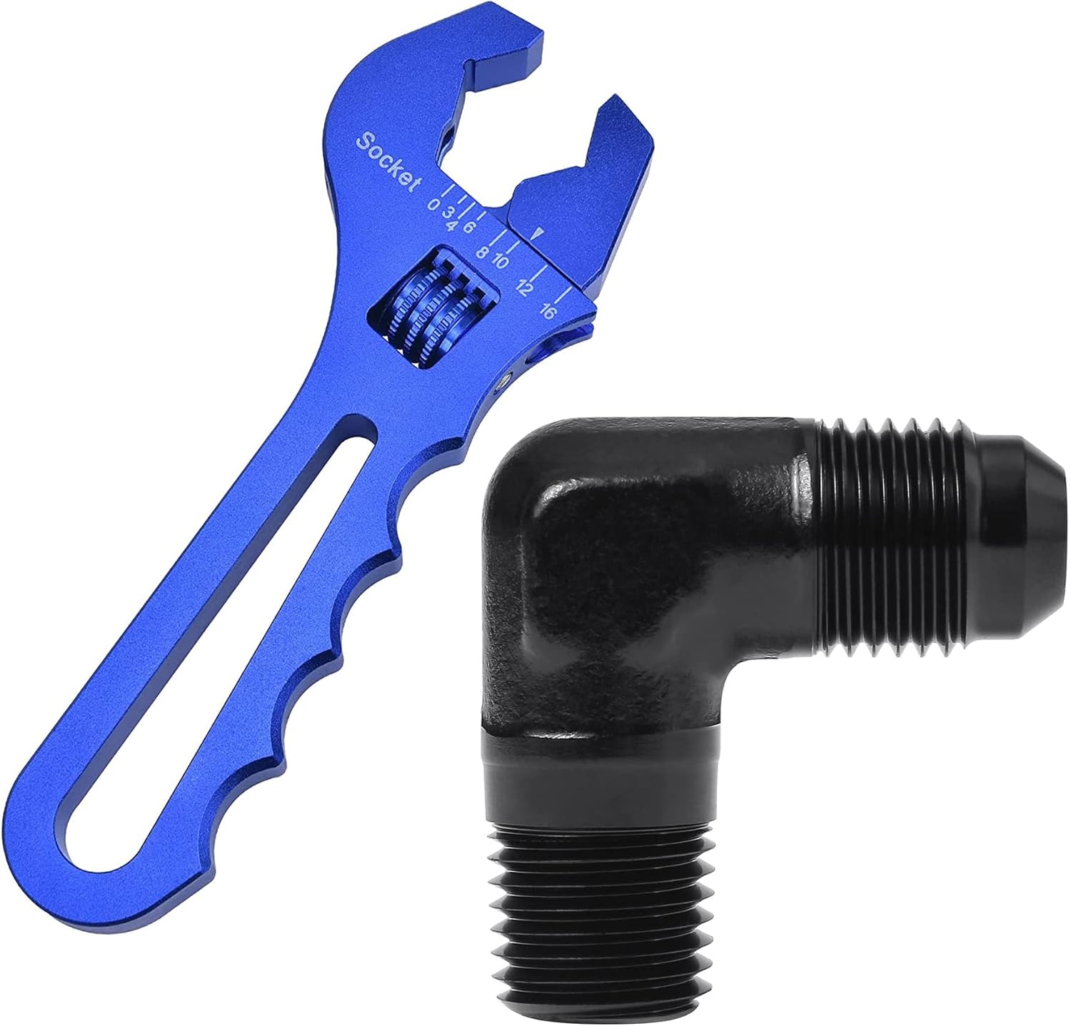 EVIL ENERGY 6AN to 1/4" NPT Male 90 Degree Fitting Bundle with Adjustable 3AN-16AN Wrench Aluminum Blue