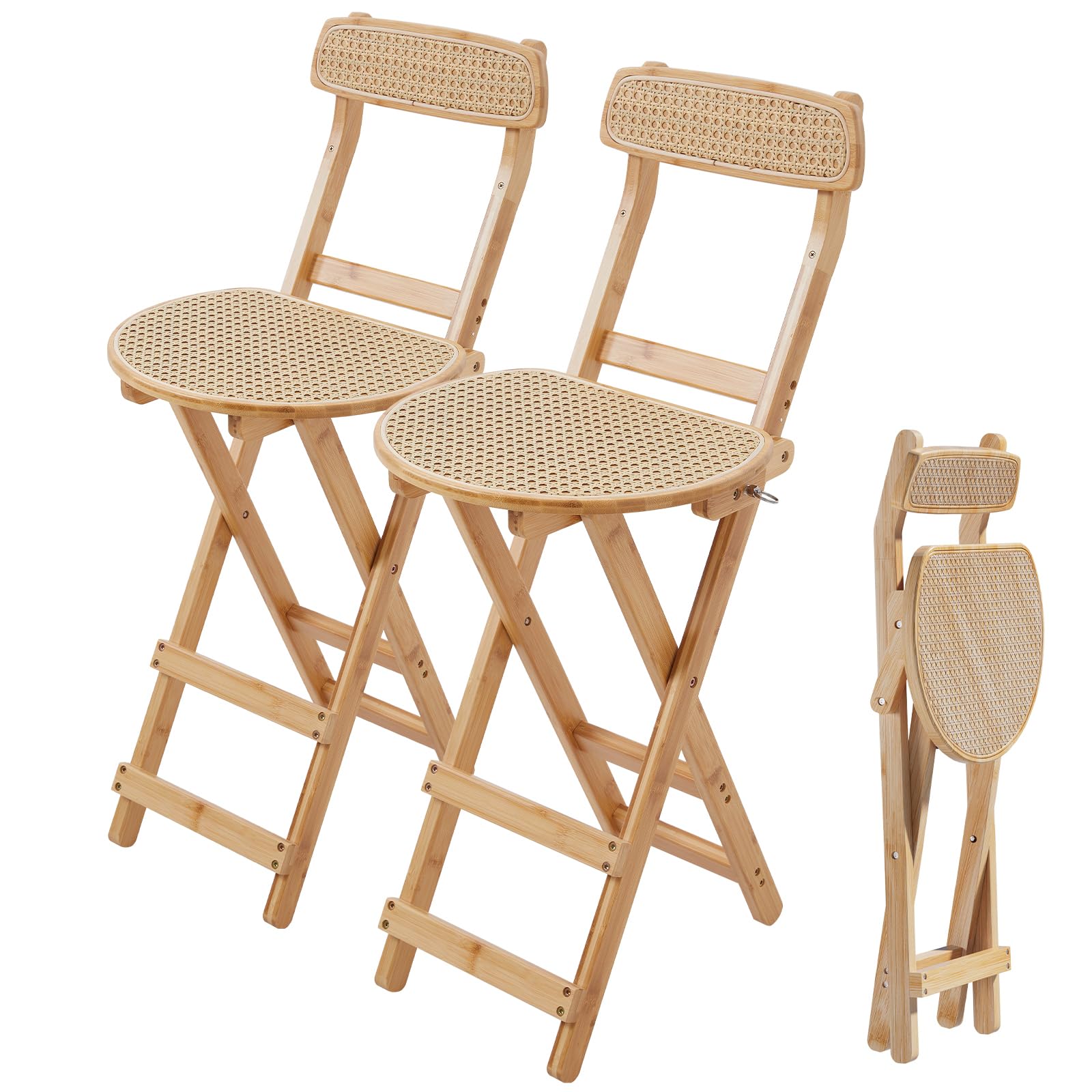 Warmiehomy Folding Breakfast Bar Stools Set of 2 Modern Rattan Barstool Kitchen Stools with Backs for Kitchen Counter Dining Table Living Room Bedroom, Seat Height 60CM