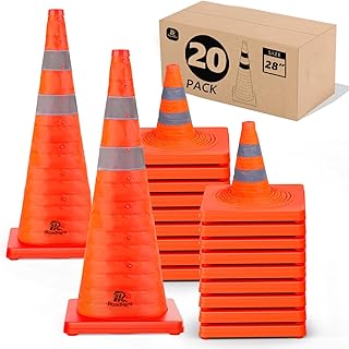 RoadHero 28 Inch 20 Pack Collapsible Traffic Safety Cones, Multi Purpose Pop-up Cones with Reflective Collar for Road Safety, Orange Cones for Driving Training, Parking Lots