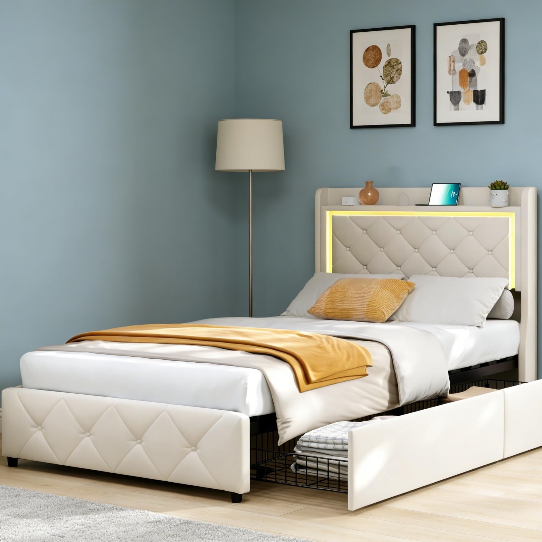 90x200 Letto Singolo Imbottito con 2 Cassetti di Riordinamento, LED e Porta USB - 90x200 cm Struttura per Letto a Una Piazza con Testata Imbottita e Rete a Doghe