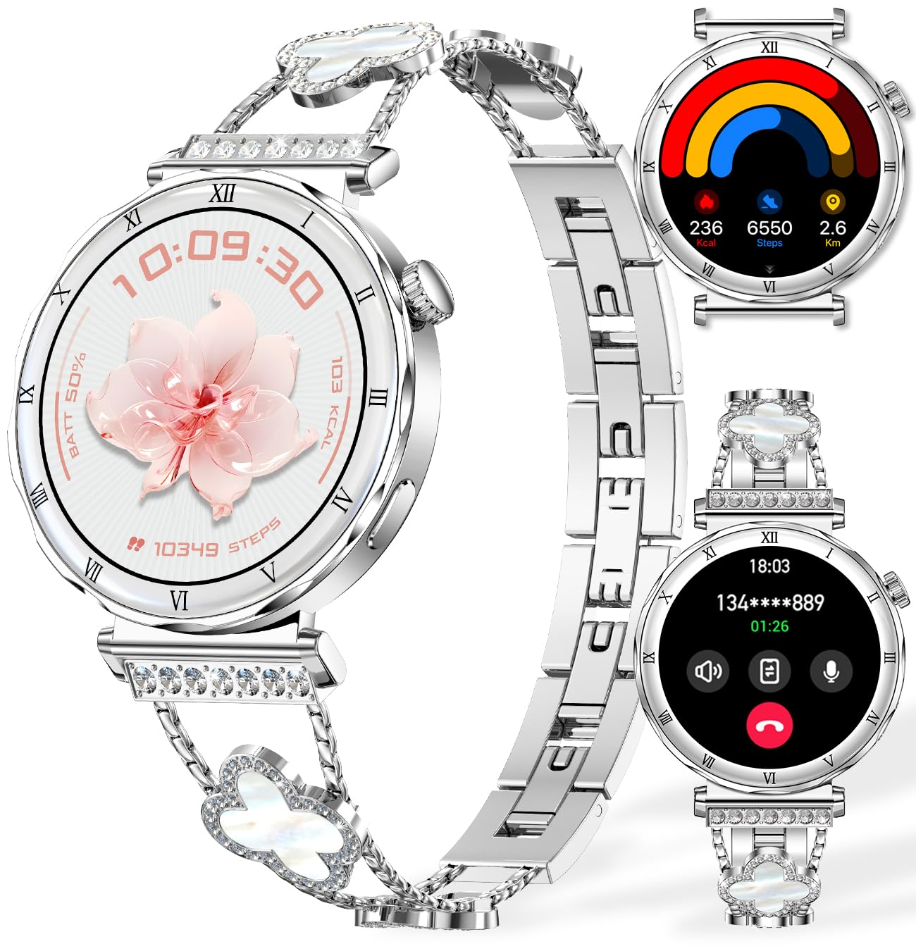 AMOLED Reloj inteligente para mujer, pantalla HD de 1.2", monitor de ritmo cardíaco/sueño, llamada Bluetooth, impermeable IP67, compatible con iOS y Android (plata elegante RT-i222)