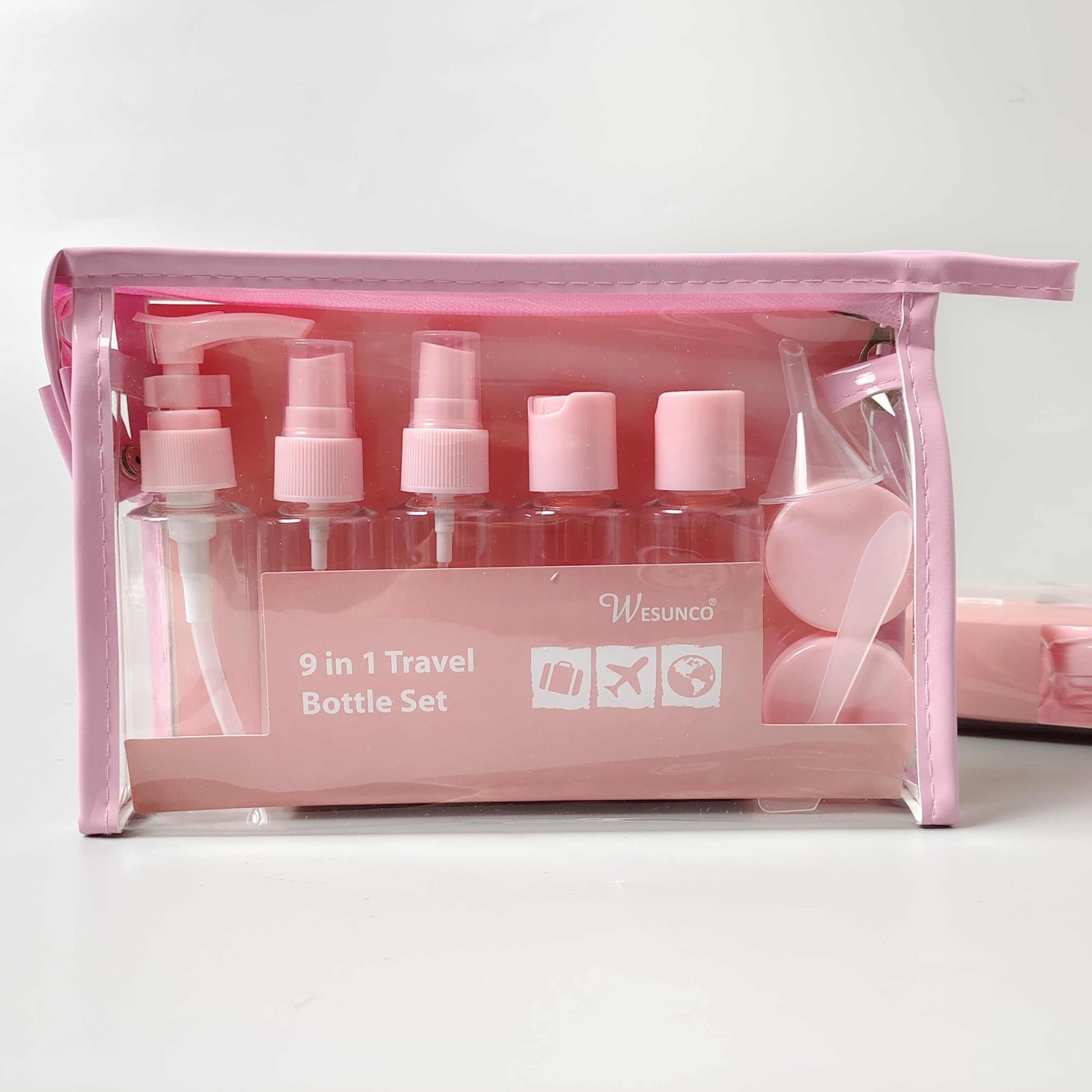 9 in 1 travel bottles set for toiletries PVC transparent bag sub-packaging cosmetic plastic bottle | PINK
